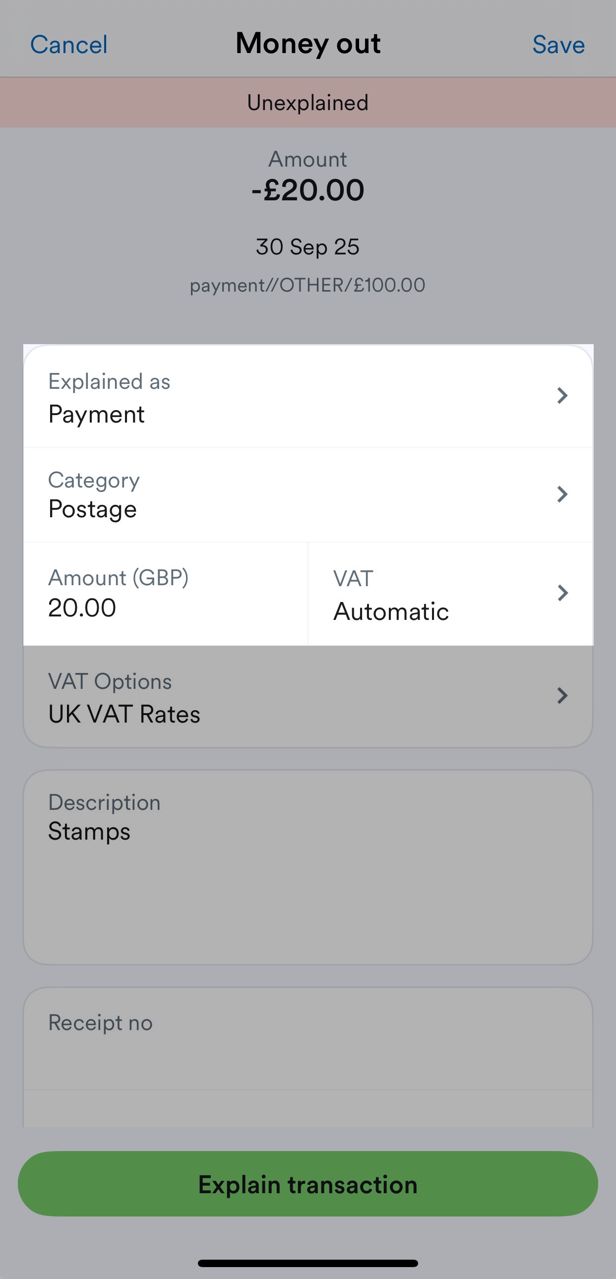 'Category' and 'Amount' fields showing on remaining amount transaction explanation screen