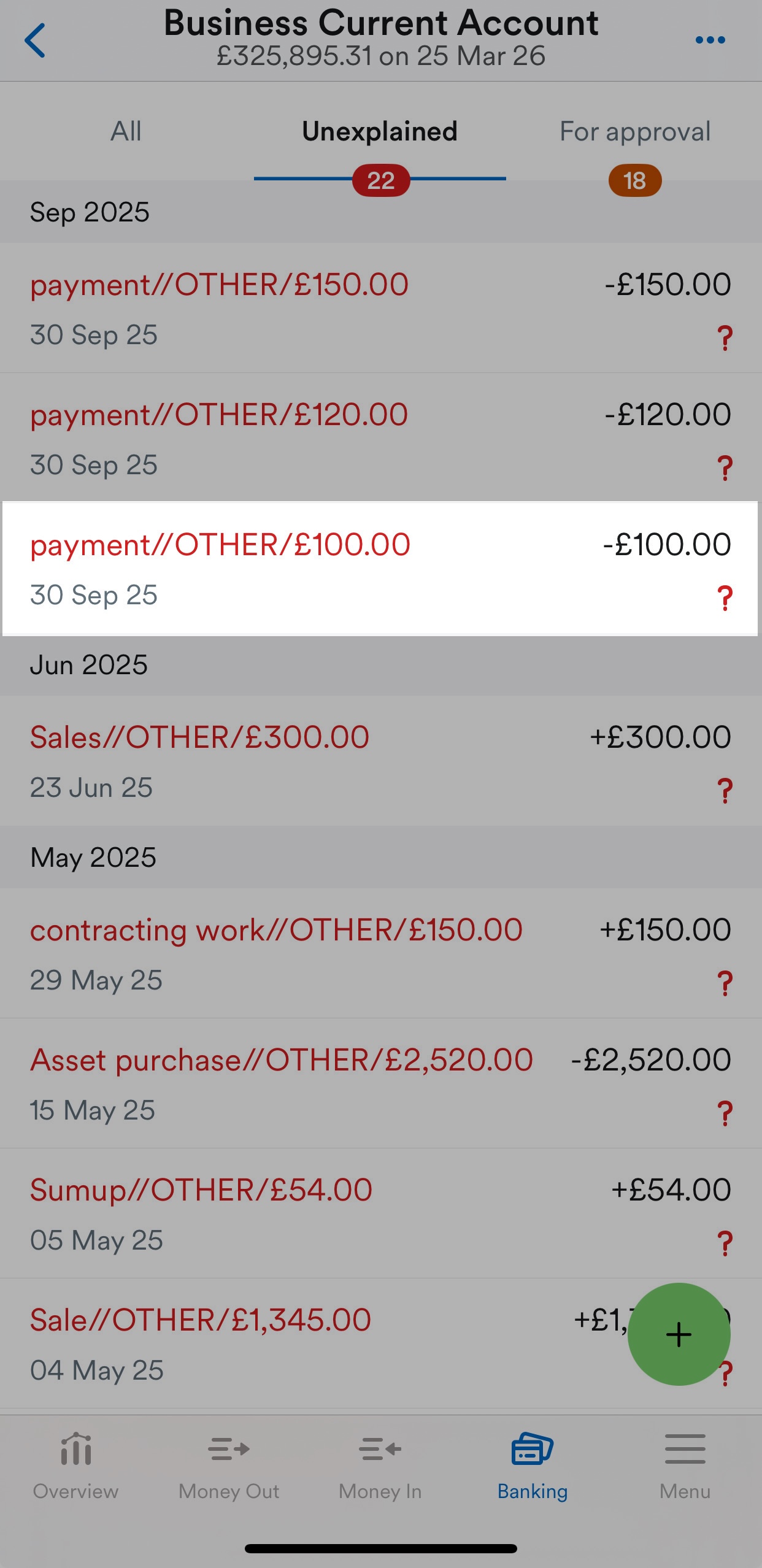 Transaction selected in bank account.