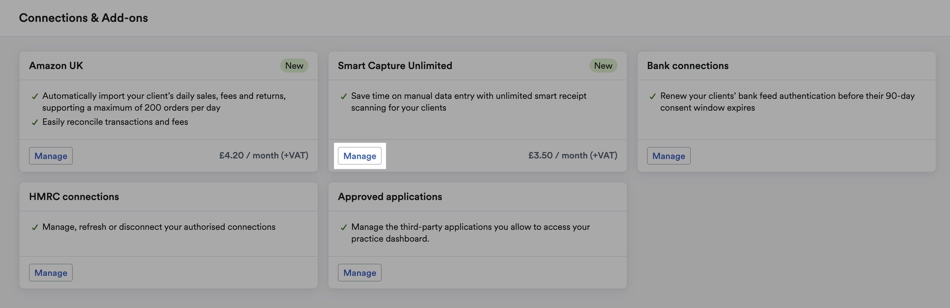 'Connections & Add-ons' page with 'Manage button' highlighted in a connection's section..