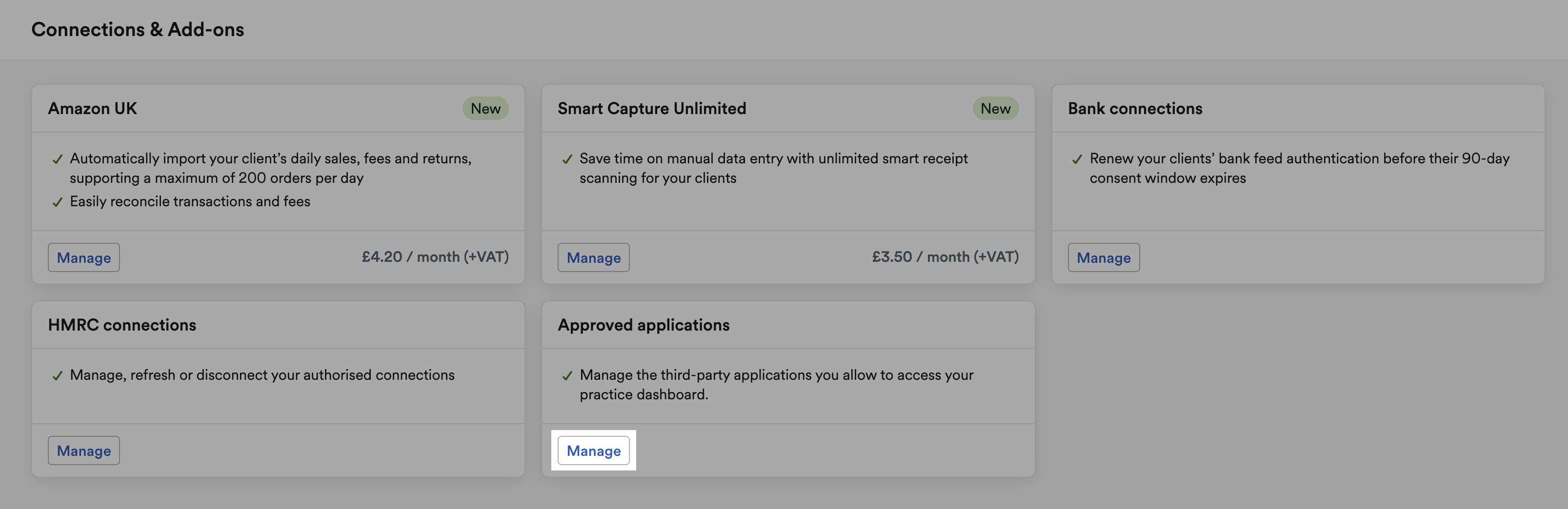 'Manage' button highlighted in 'Approved applications' section.