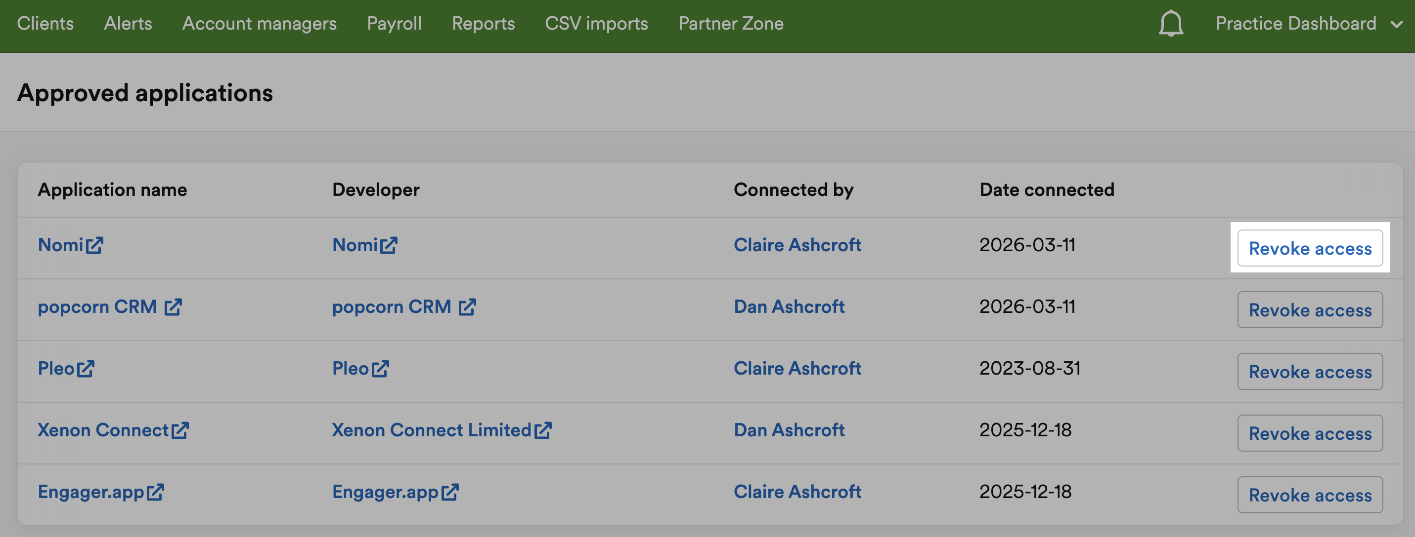 'Revoke access' button highlighted next to listed application.