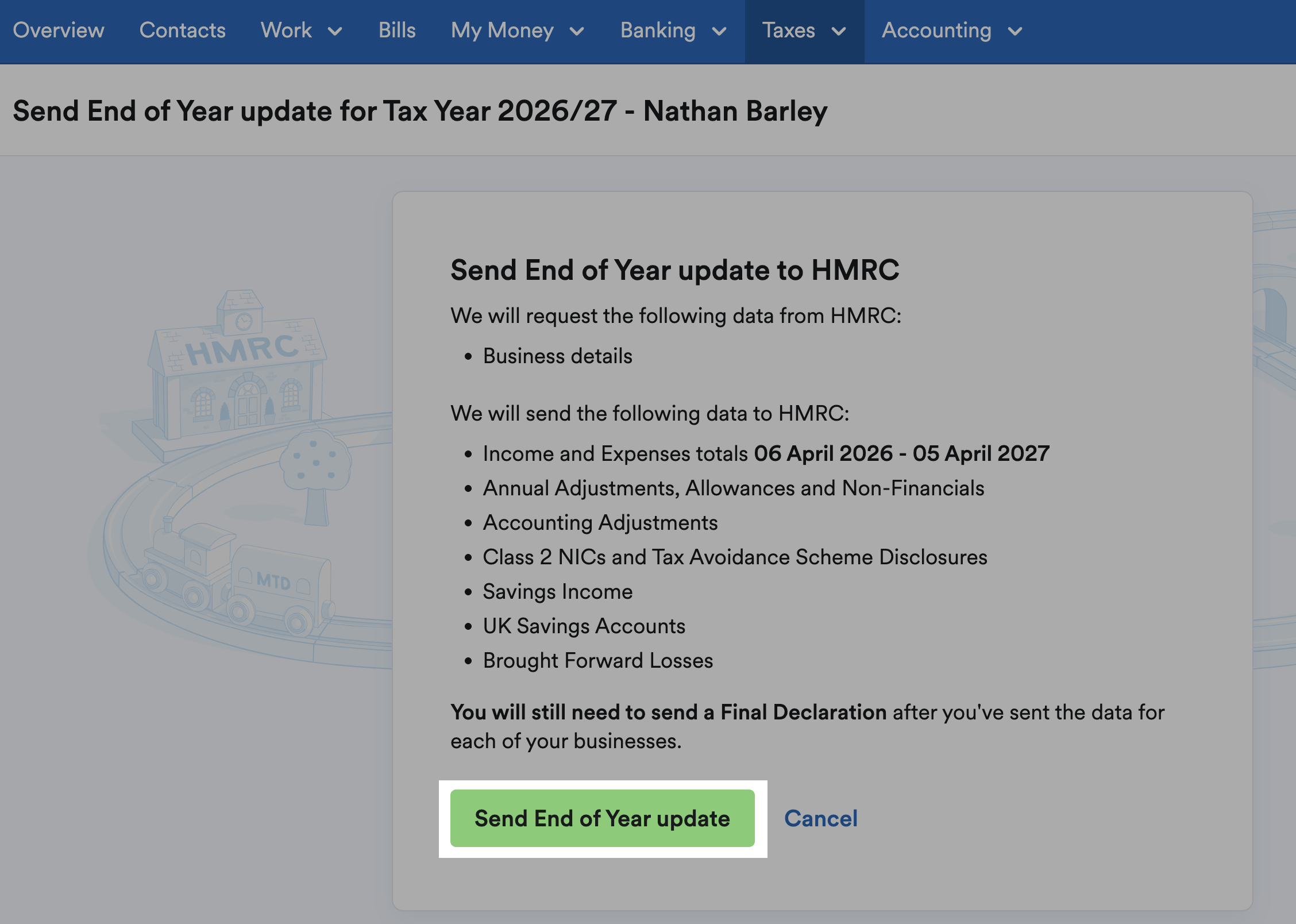 'Send End of Year update' button highlighted on Send End of Year update page.
