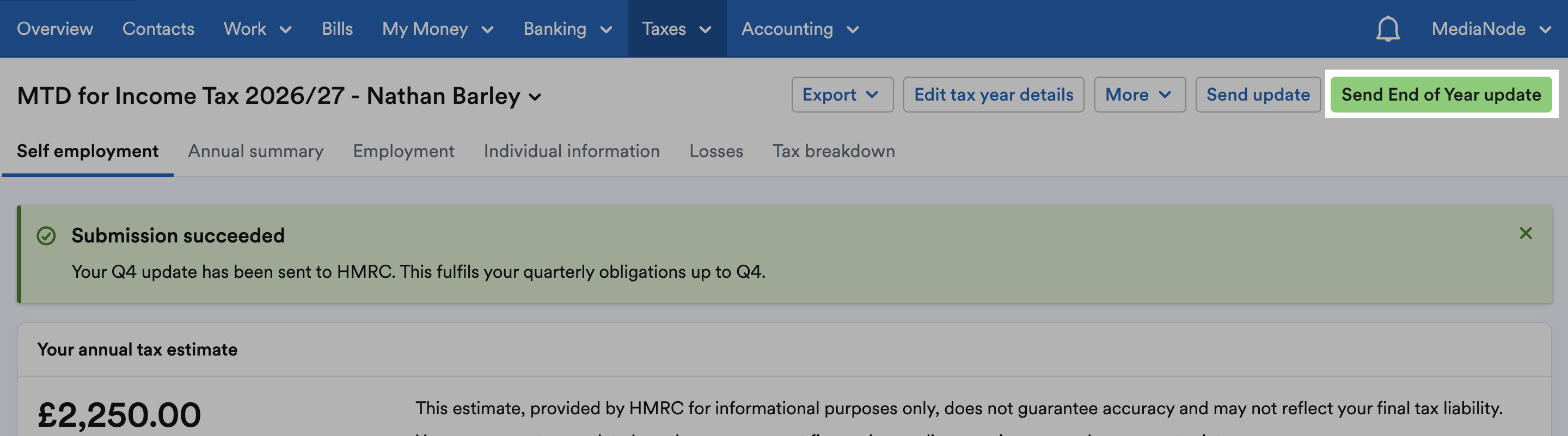 'Send End of Year update' button highlighted at top of MTD for Income Tax page.