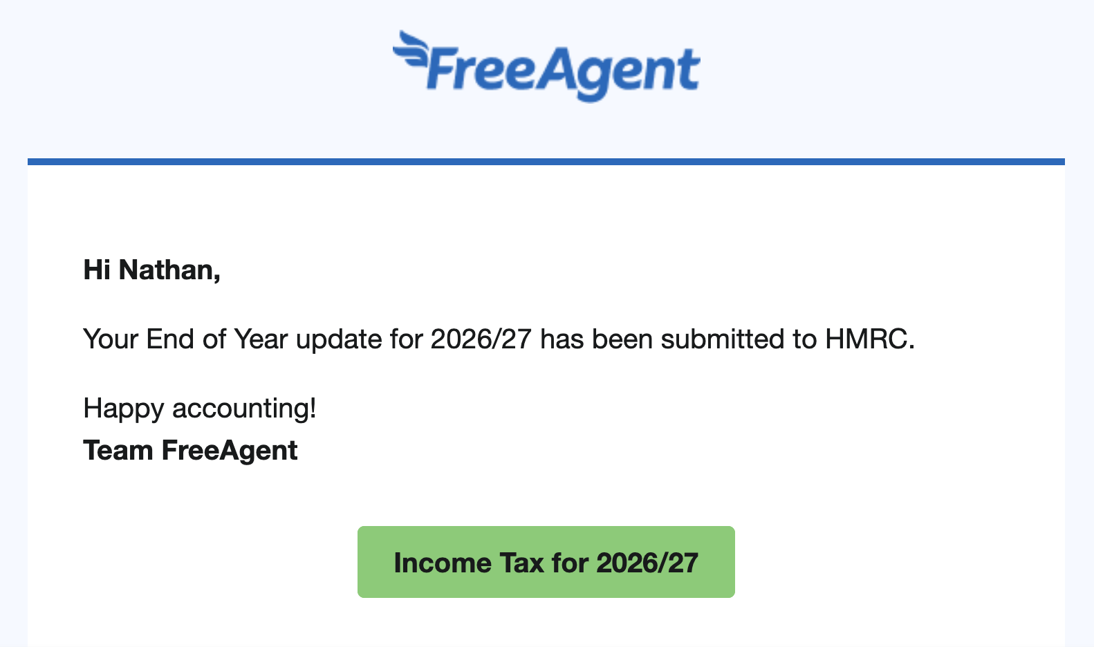 Example email saying End of Year update was submitted to HMRC.