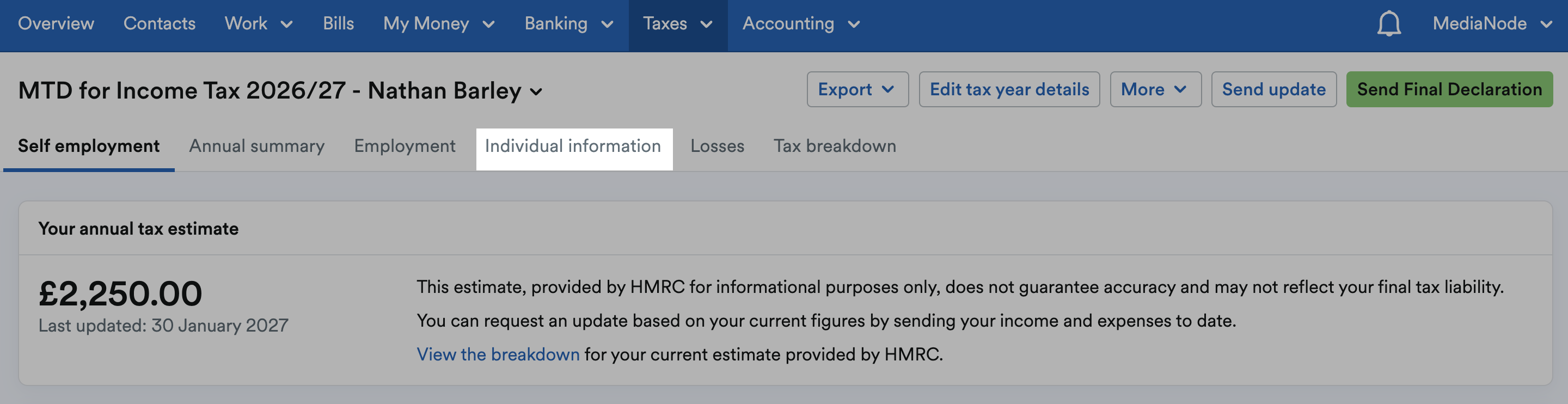 'Individual information' tab highlighted on MTD for Income Tax page.