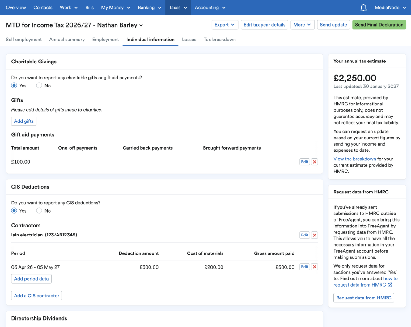 individual information page for MTD for Income Tax.