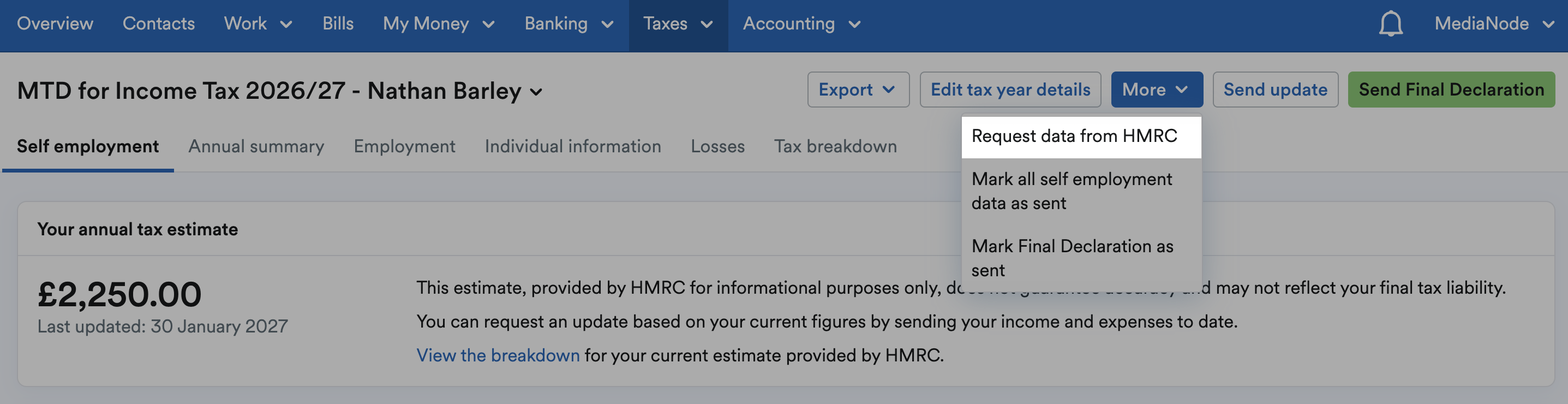 'Request data from HMRC' highlighted on 'More' drop-down menu.