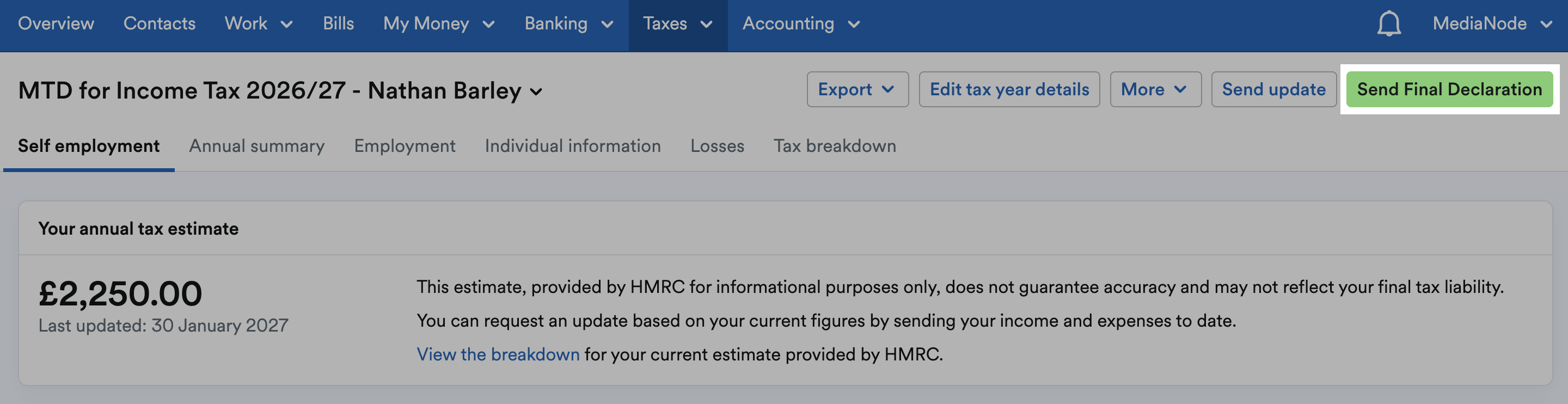 'Send Final Declaration' button highlighted at top of MTD for Income Tax page.