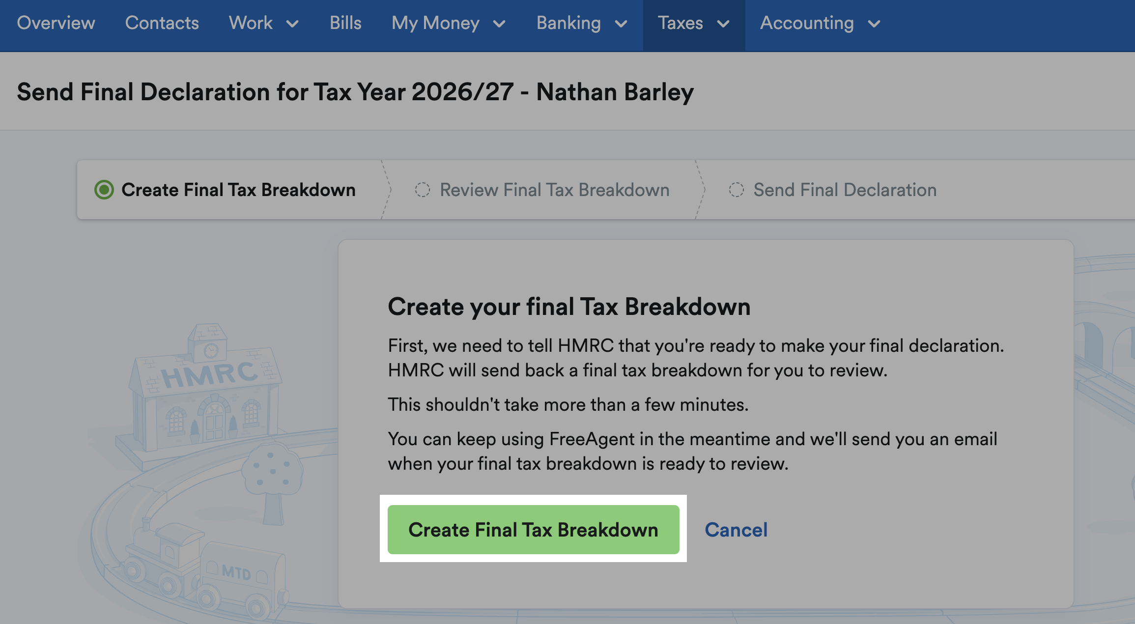 'Create Final Tax Breakdown' button highlighted on first step of 'Create Final Tax Breakdown'.