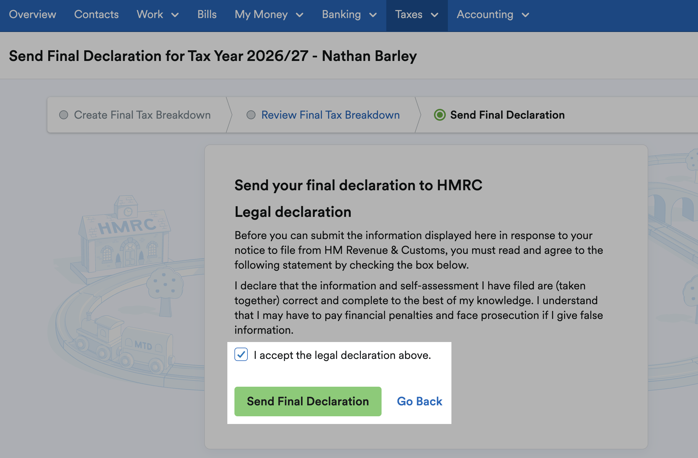Checkbox ticked for 'I accept the legal declaration above' with 'Send Final Declaration' button.