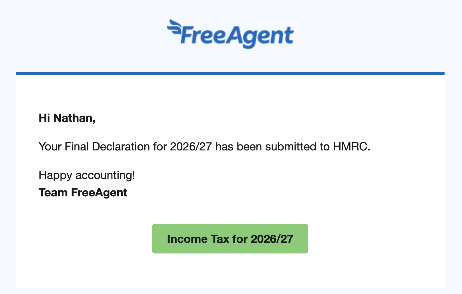 Example email saying Final Declaration has been submitted to HMRC.