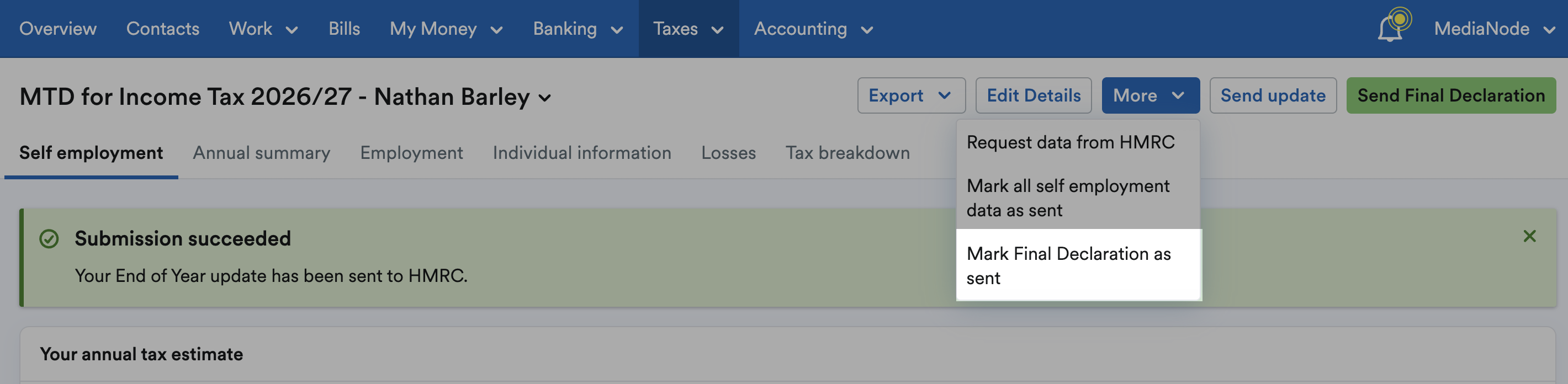 'Mark Final Declaration as sent' highlighted on 'More' drop-down menu.