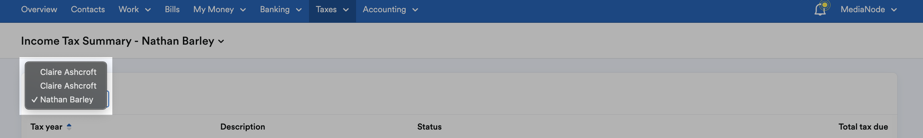 Users listed on drop-down menu.
