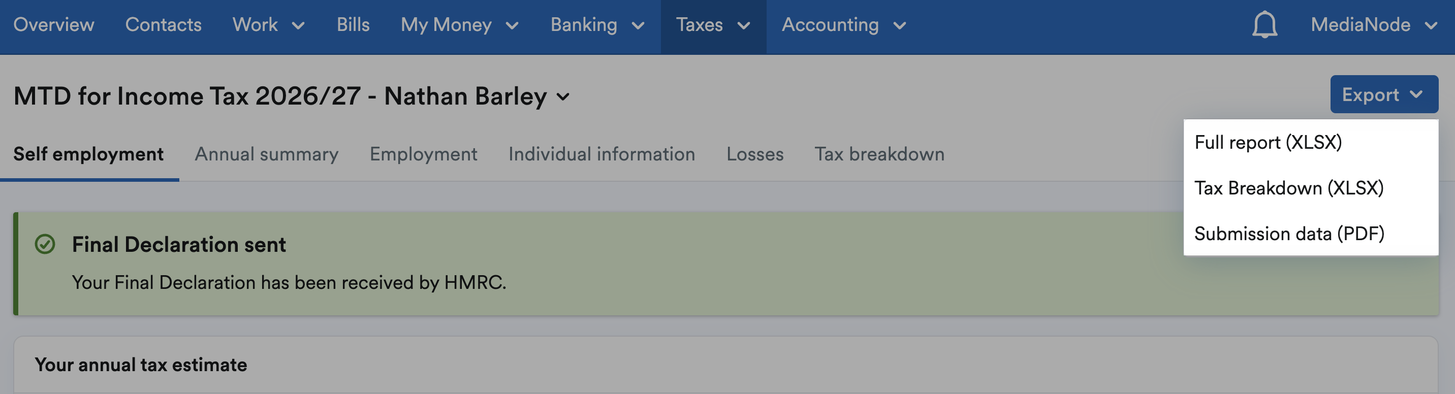'Full report (XLSX)', 'Tax Breakdown (XLSX)' and 'Submission data (PDF)' listed on 'Export' drop-down menu.