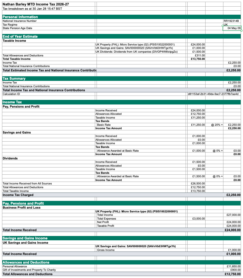 Example of a Tax Breakdown exported.