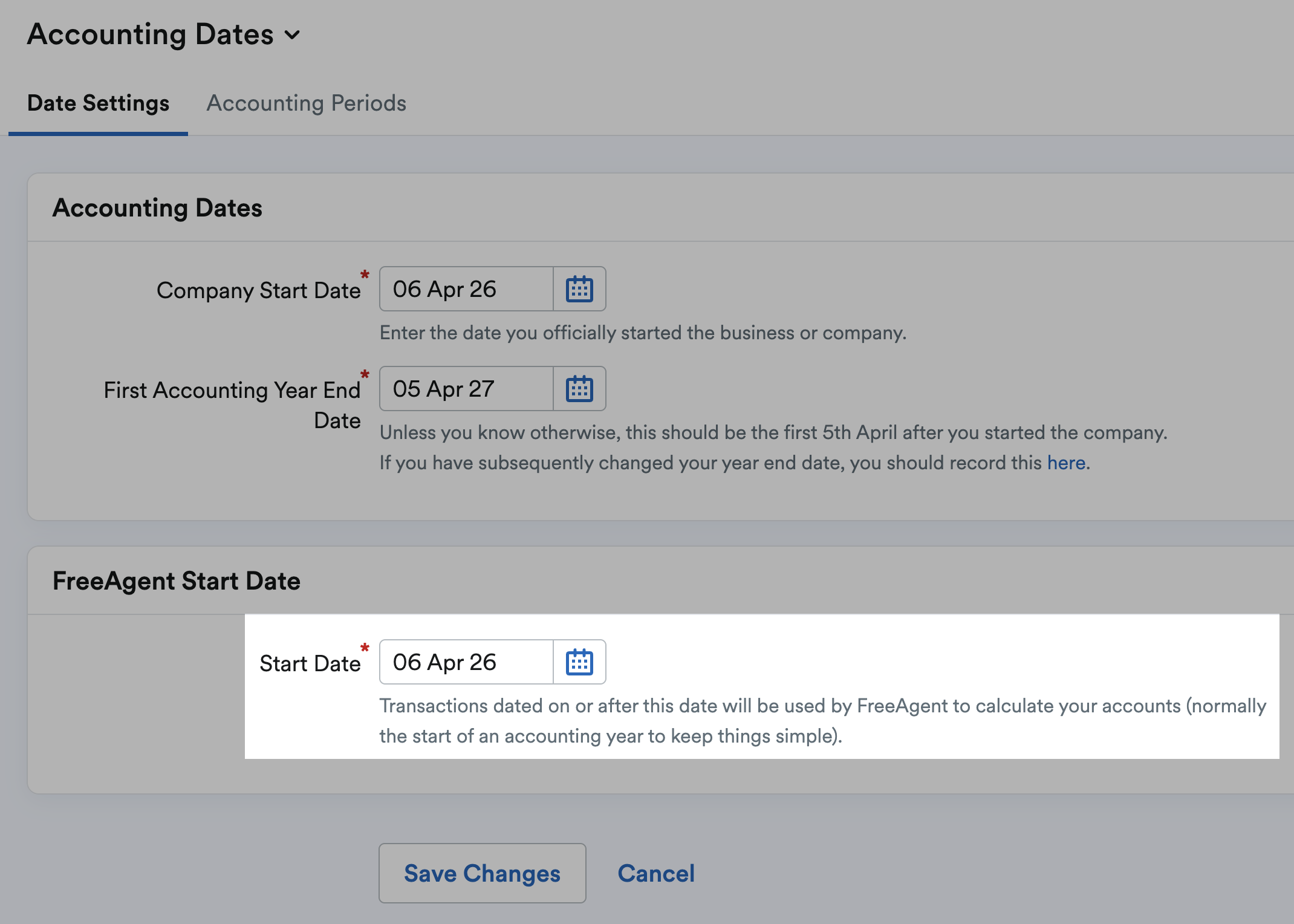 Start Date field highlighted in FreeAgent Start Date section.