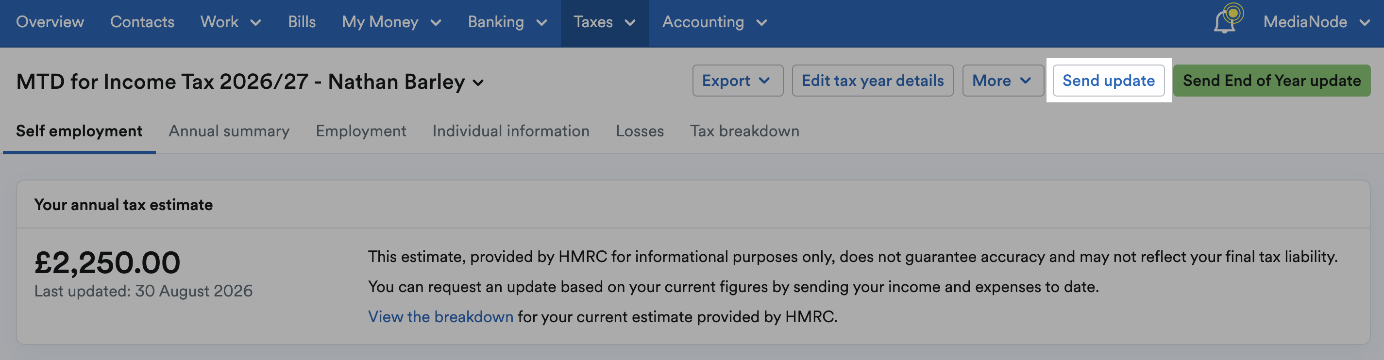 Send Update button highlighted in top-right of MTD for Income Tax area