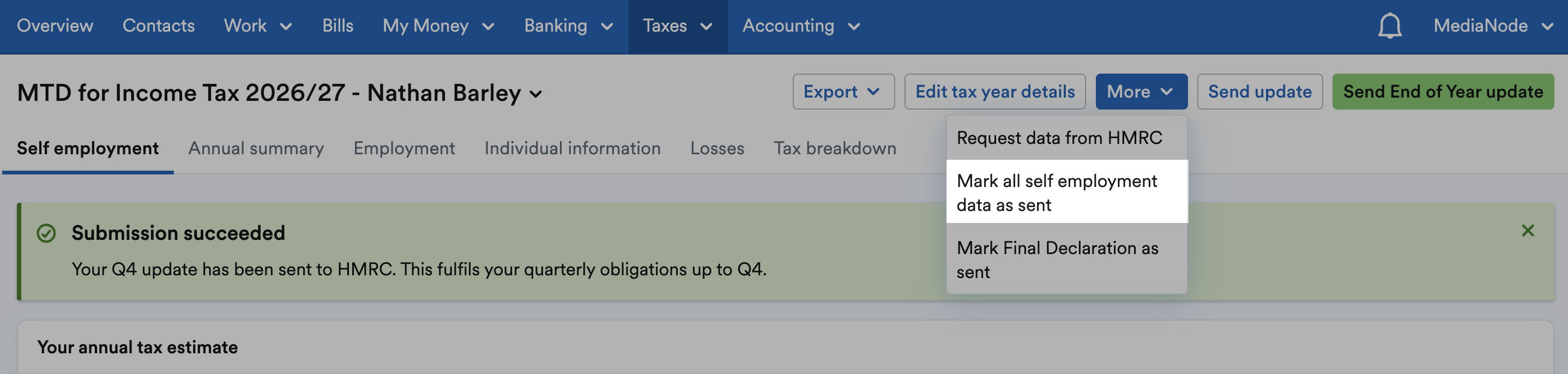 Mark all self employment data as sent highlighted from More drop-down menu