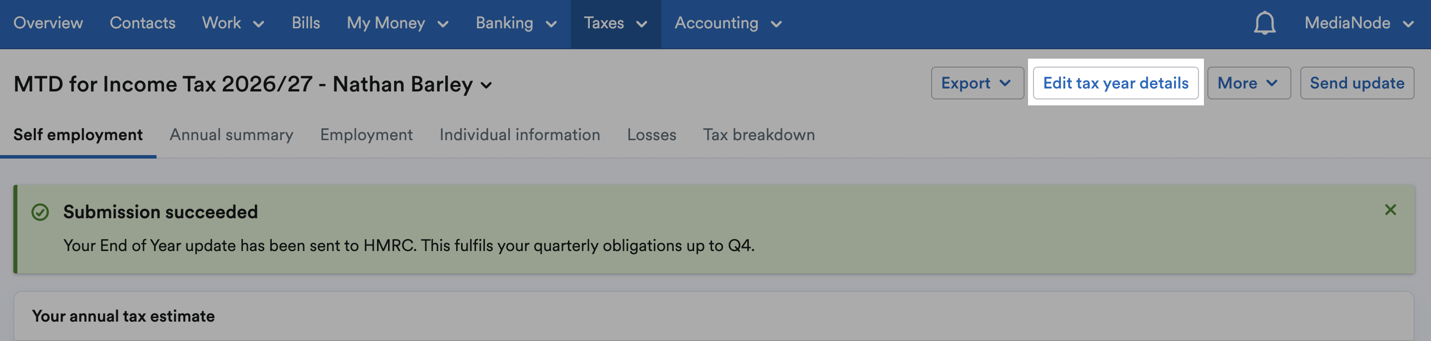 Edit tax year details button highlighted in top-right of MTD for Income Tax area