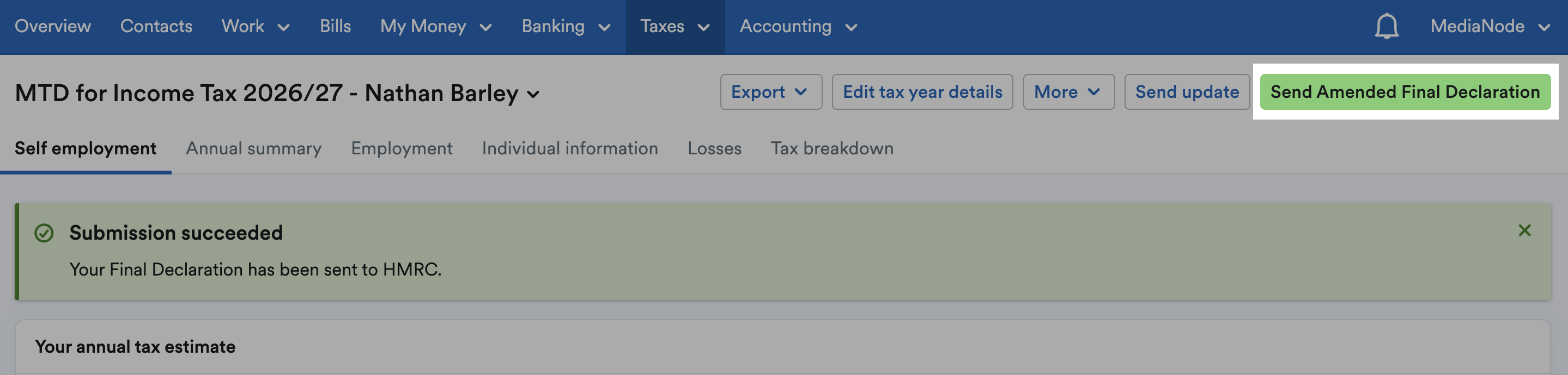 Send Amended Final Declaration button highlighted in the top-right of the MTD for Income Tax area