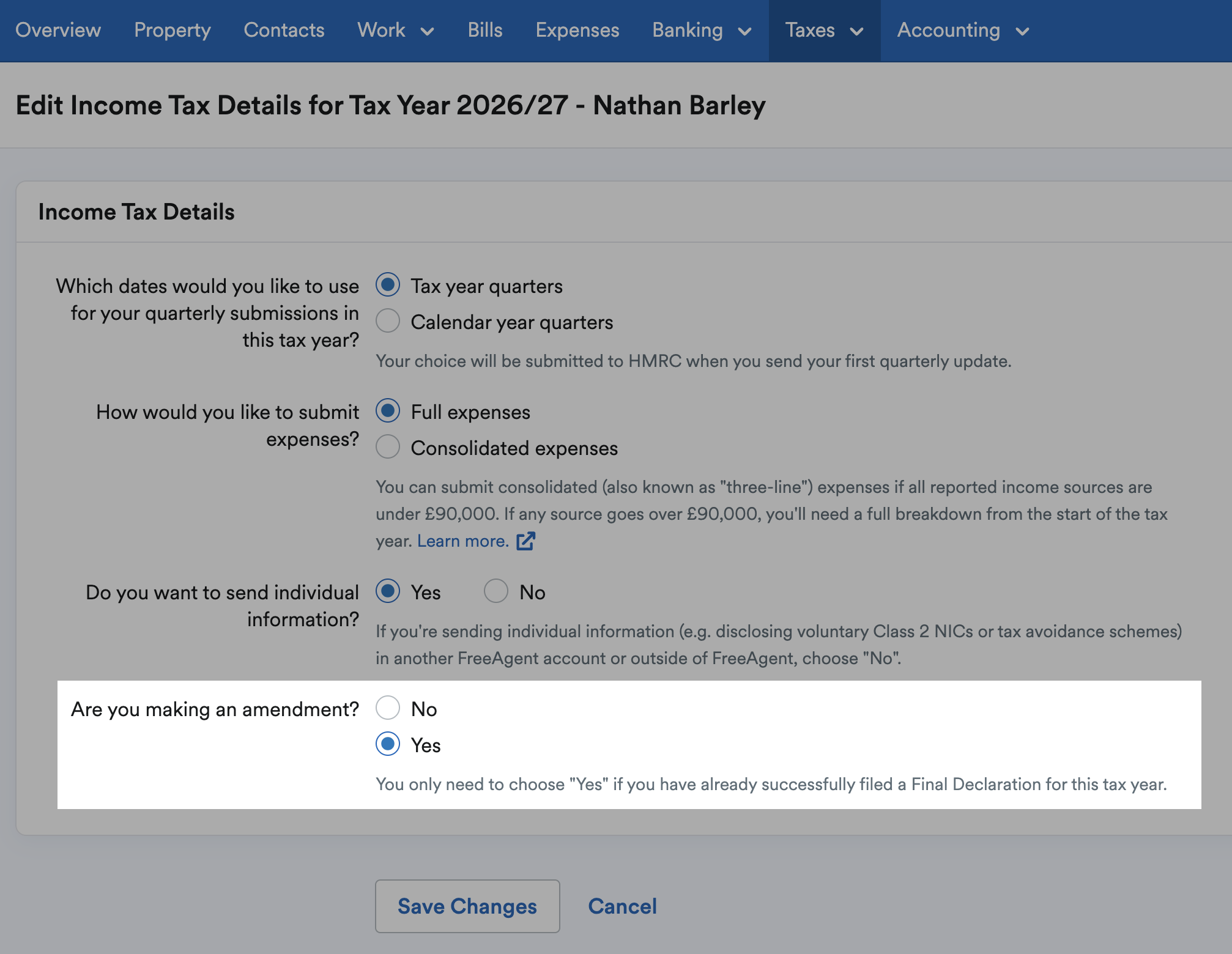 Are you making an amendment option highlighted and set to yes in the Income Tax Details area