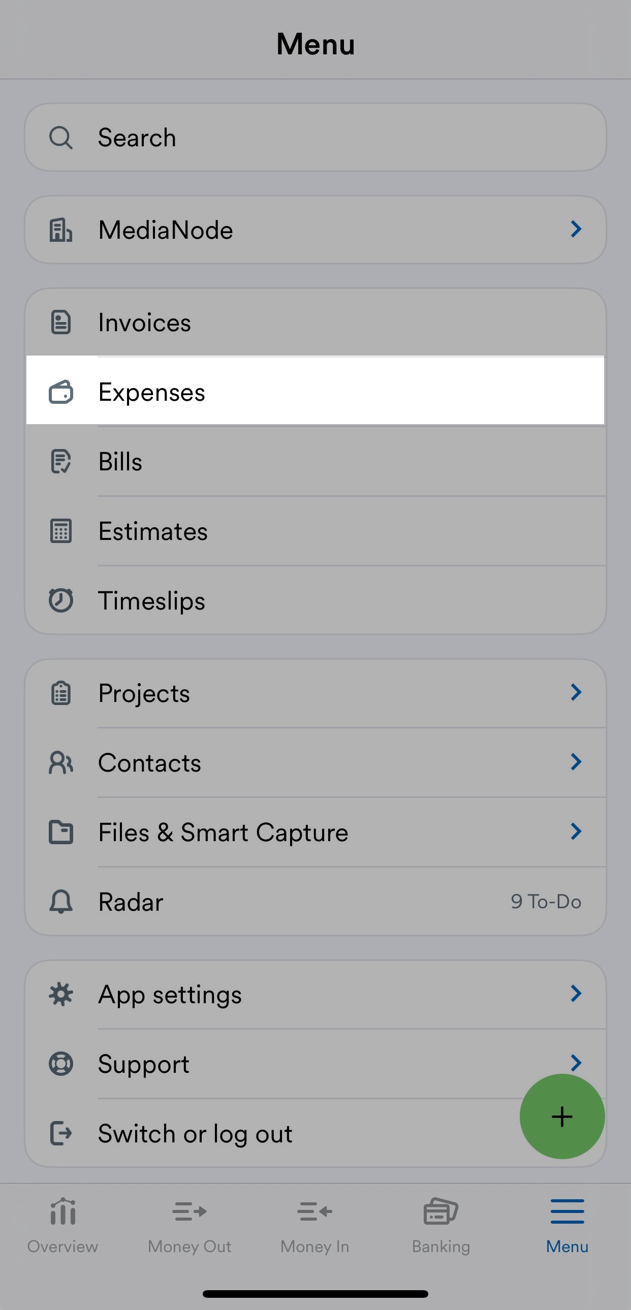 Mobile app menu  with 'Expenses' highlighted.