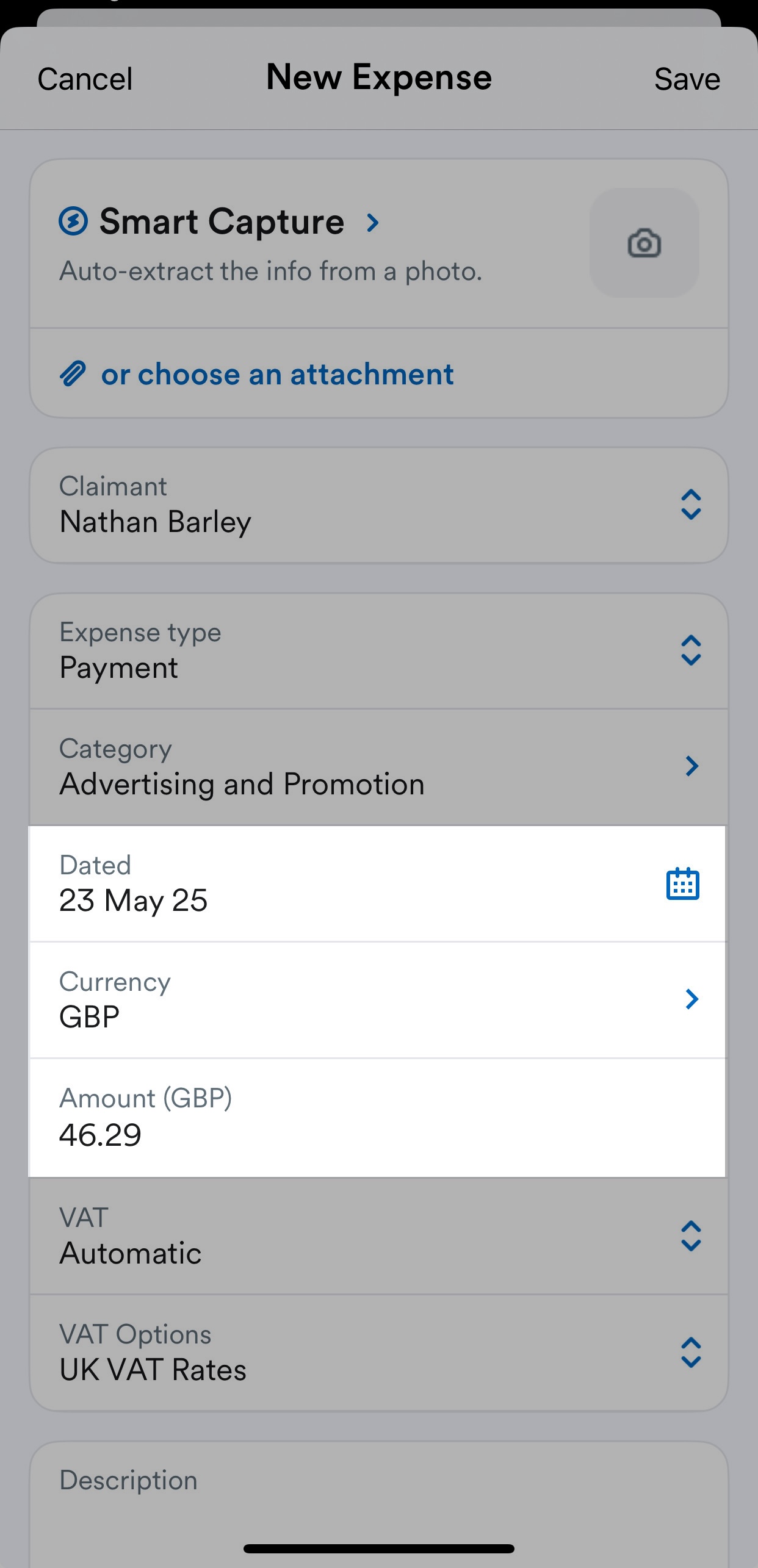 Date, Currency, and Amount fields highlighted on New expense page.
