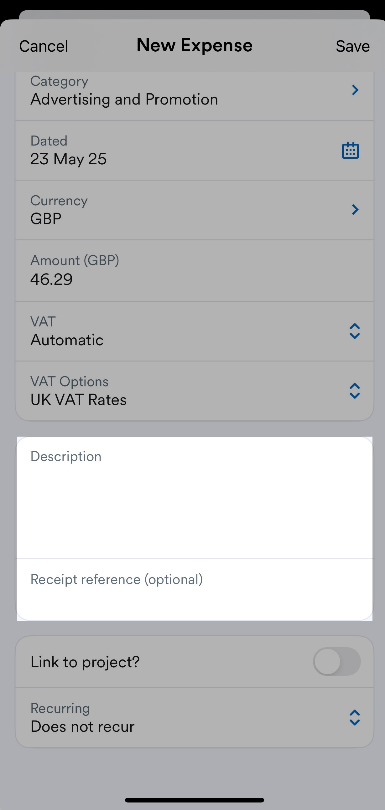 Description field highlighted on New expense page.