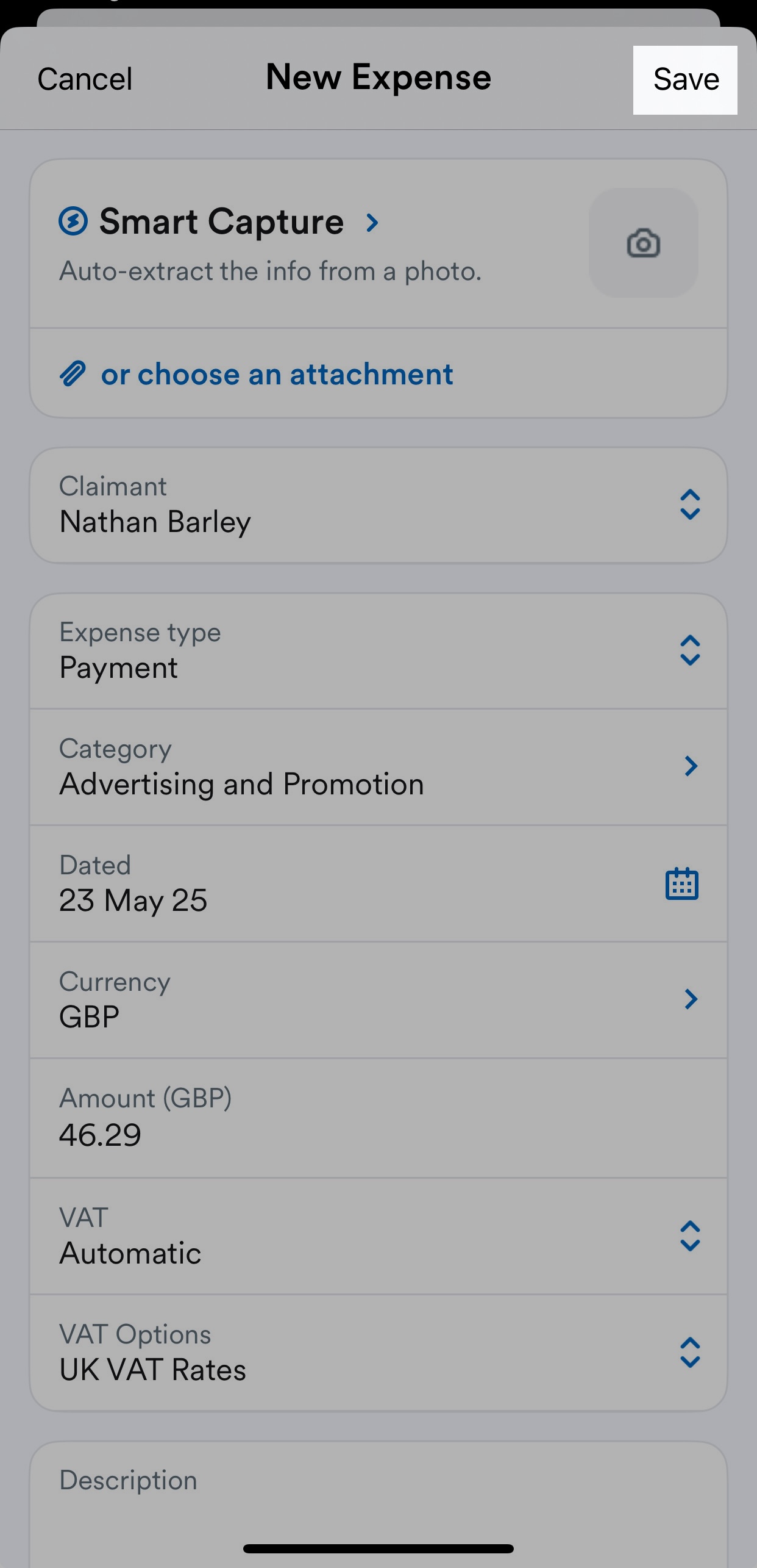 'Save' button highlighted at top of New expense page.