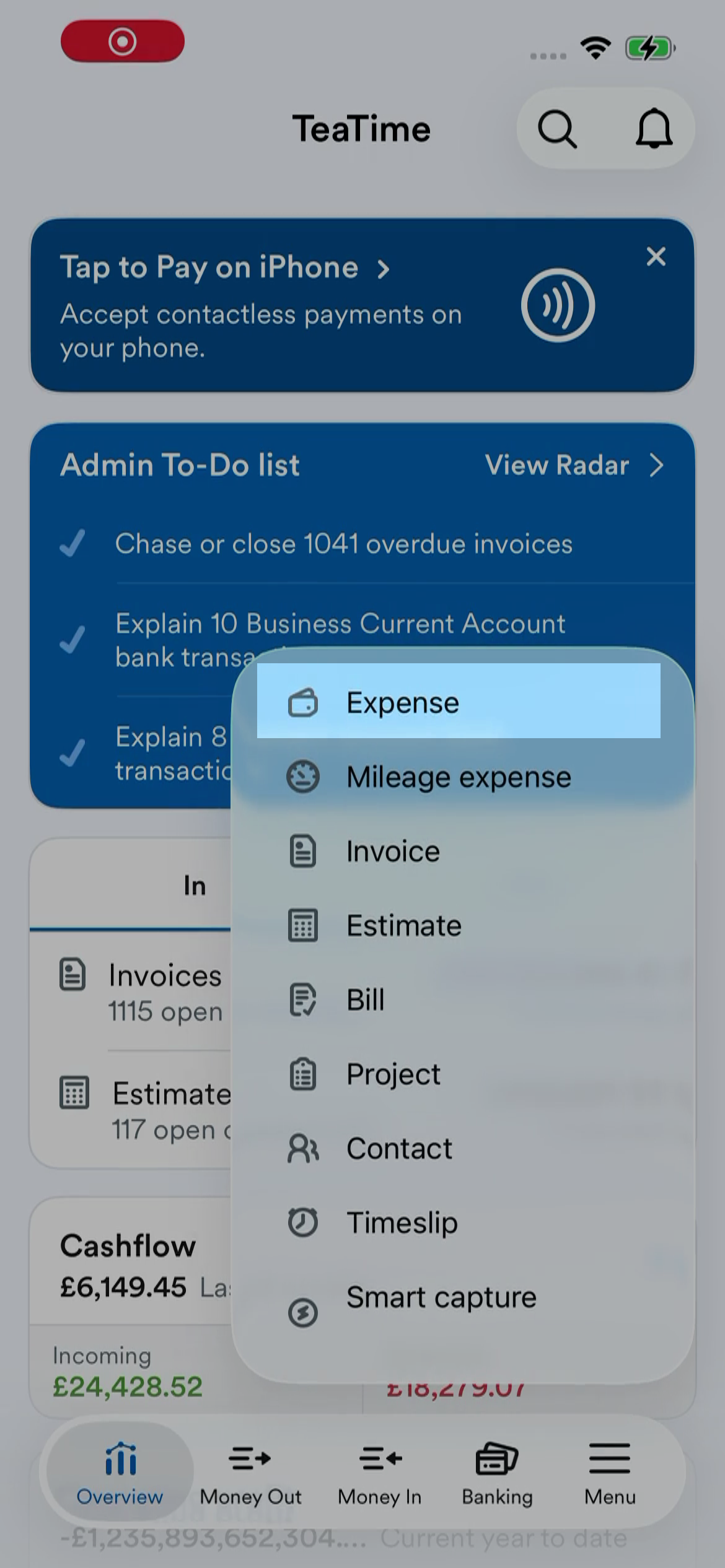 'Expense' highlighted on '+' drop-down menu.