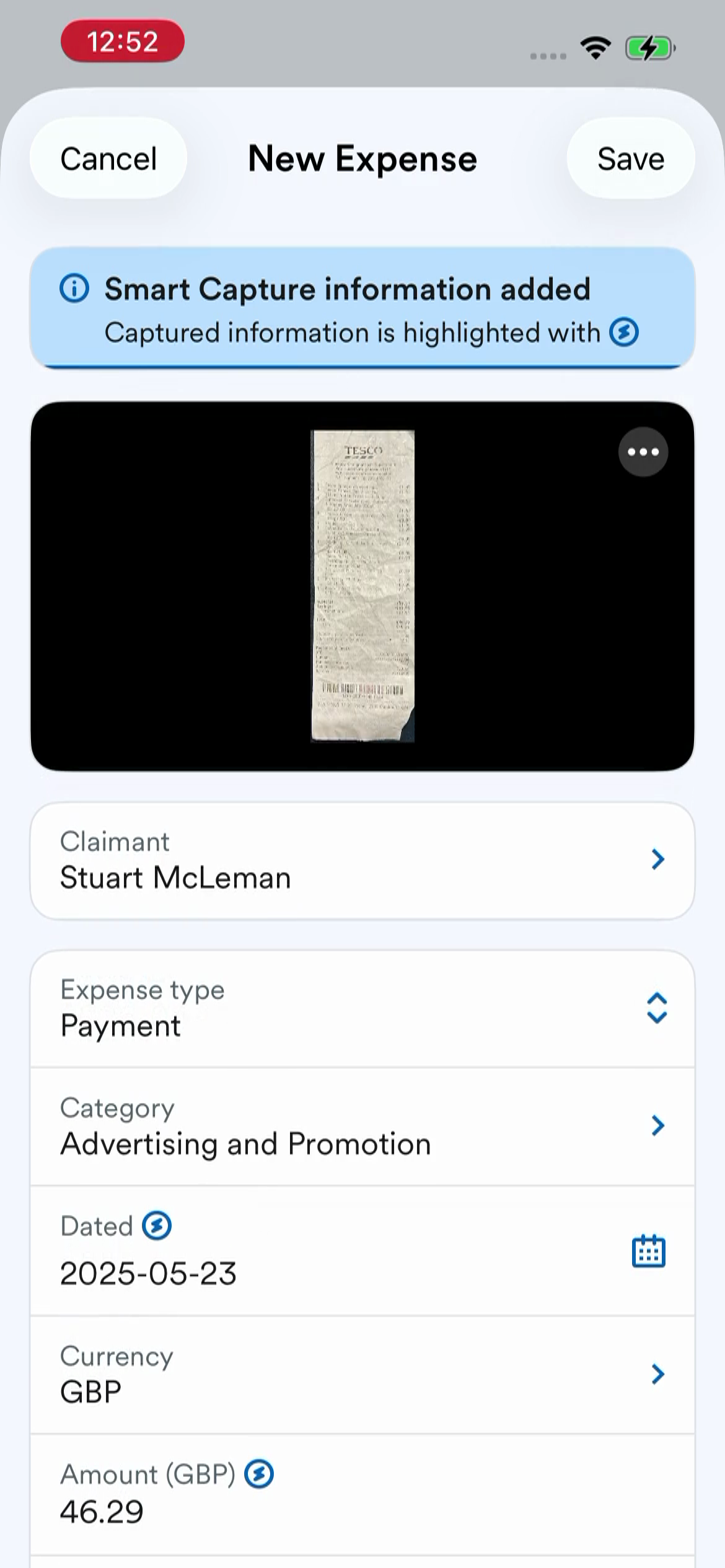 New Expense with Smart Capture extracted data in the Date and Amount fields.