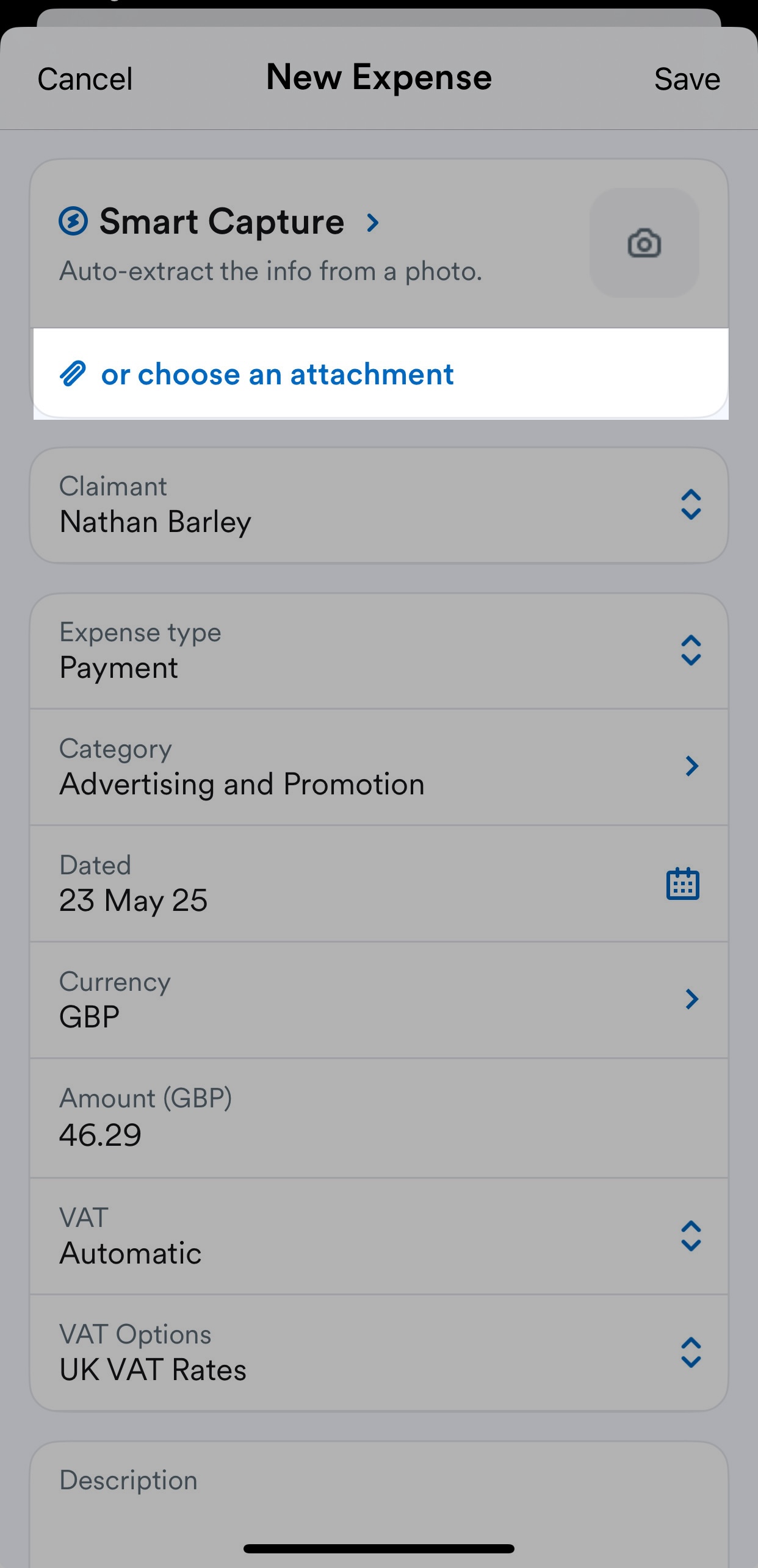 'Choose attachment' button highlighted on New expense page.