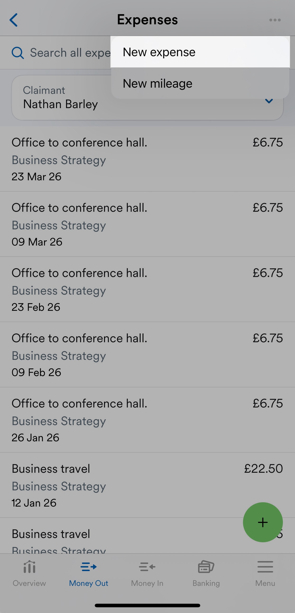 'New expense' highlighted on three dots drop-down menu.