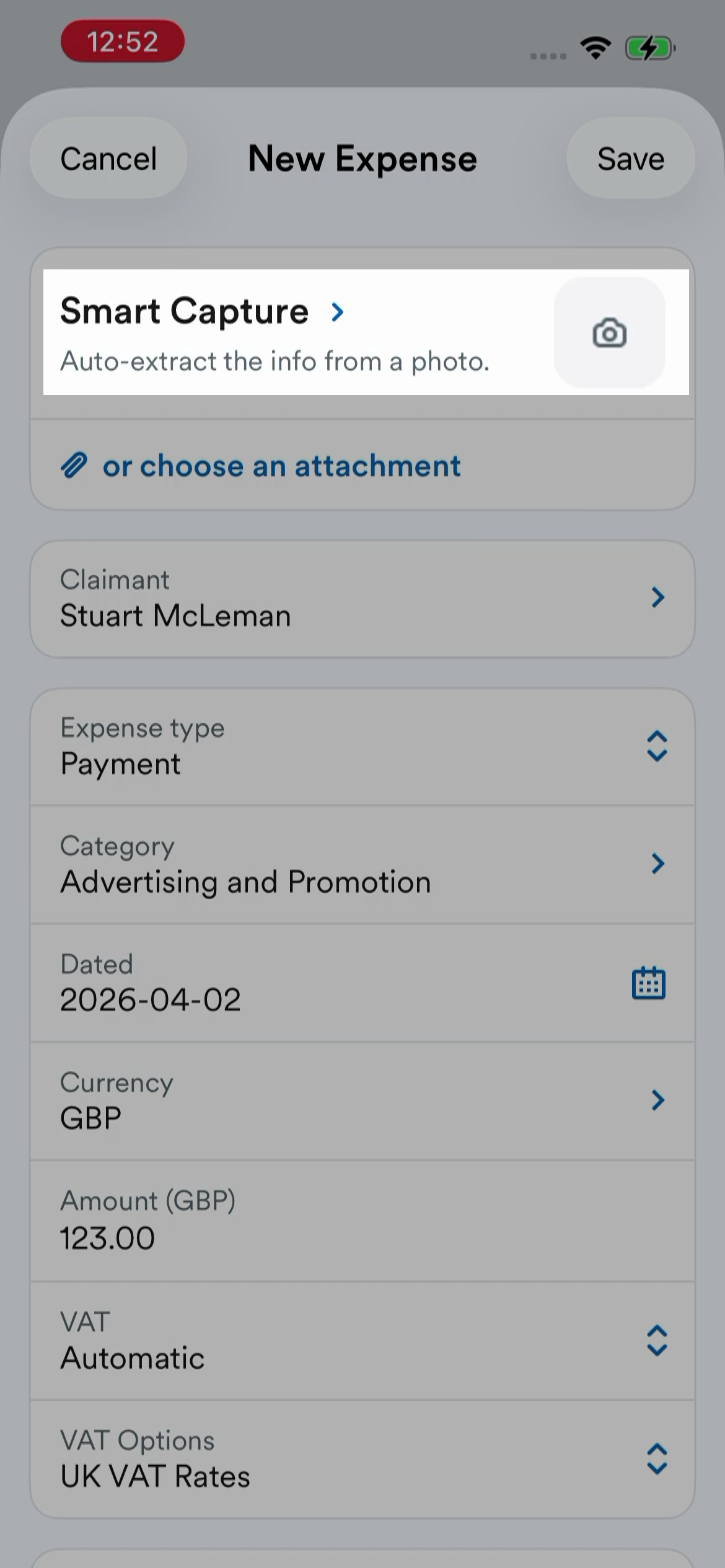 'Smart Capture' highlighted in New Expense screen.