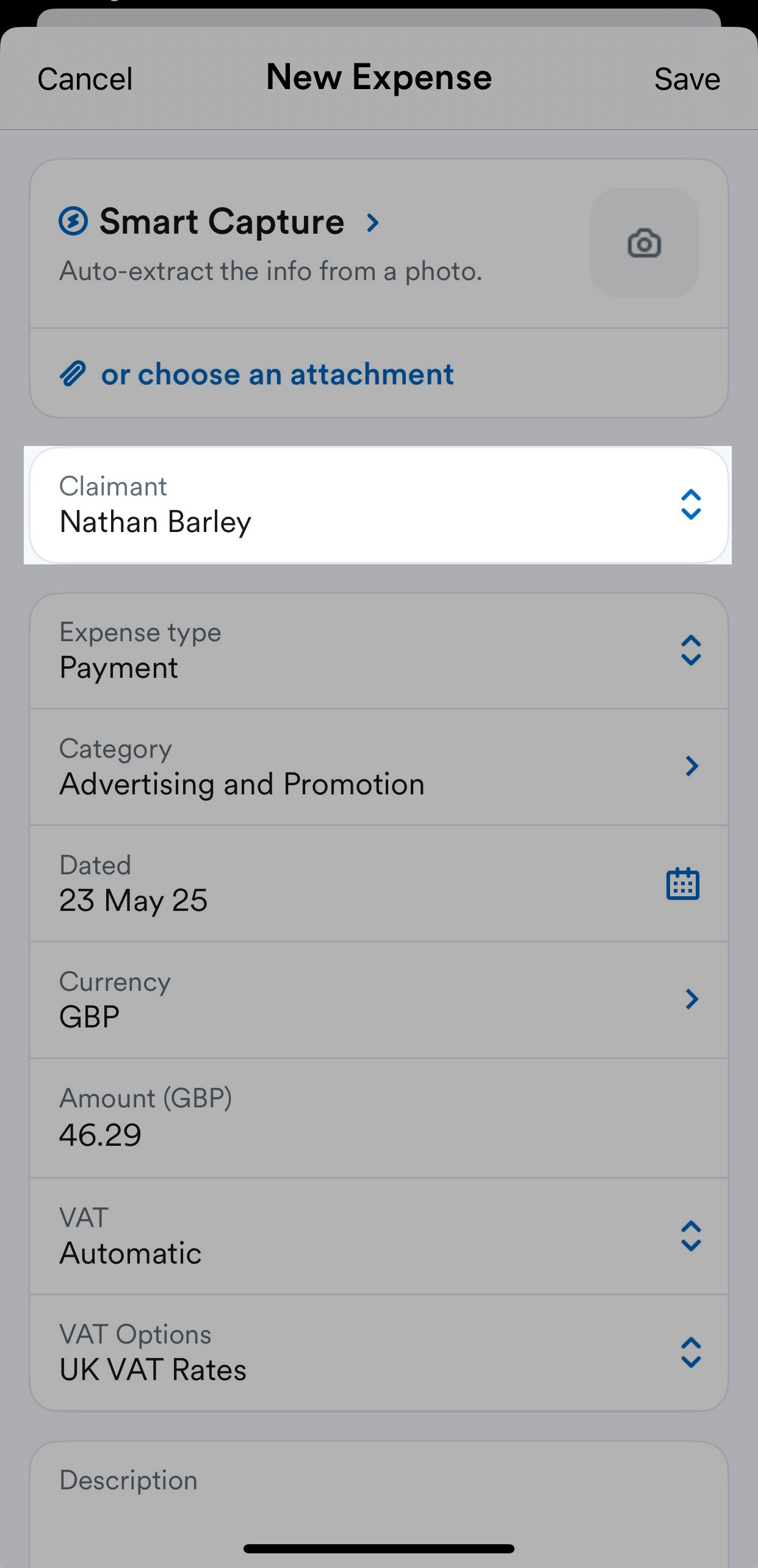 'Claimant' field with selected user highlighted on New expense page.