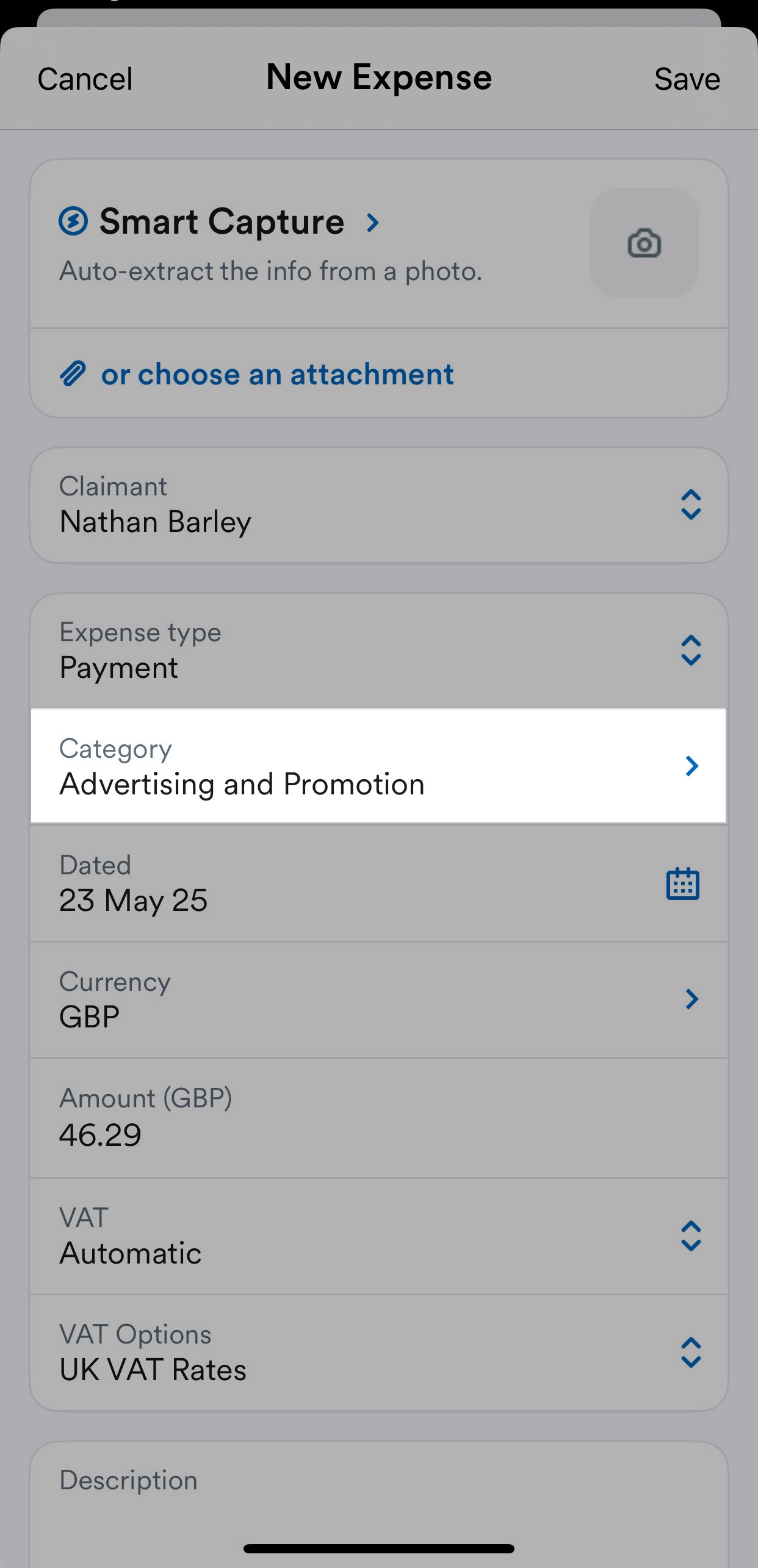'Category' field highlighted on New expense page.