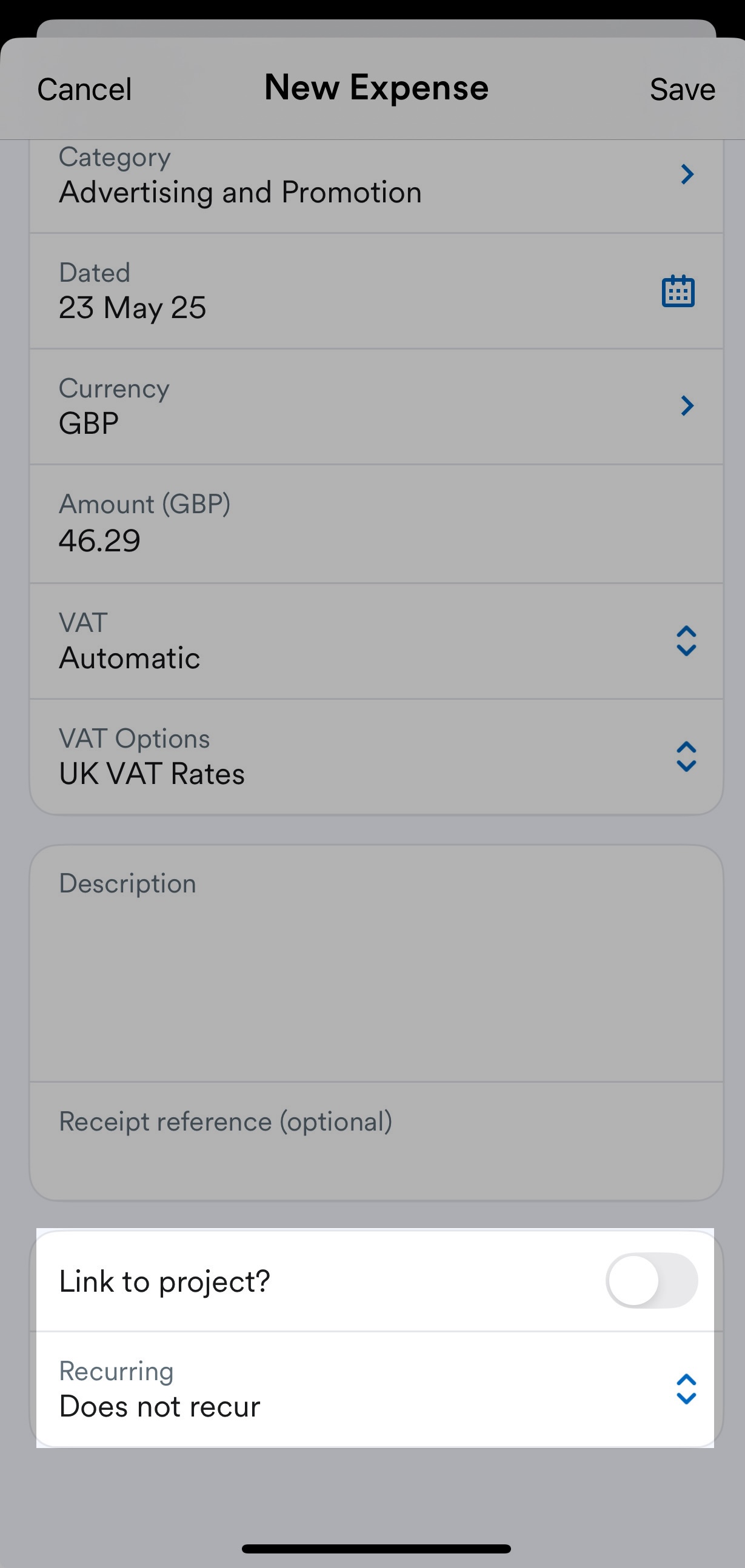 'Link to project' and 'Recurring options' fields highlighted on New expense page.