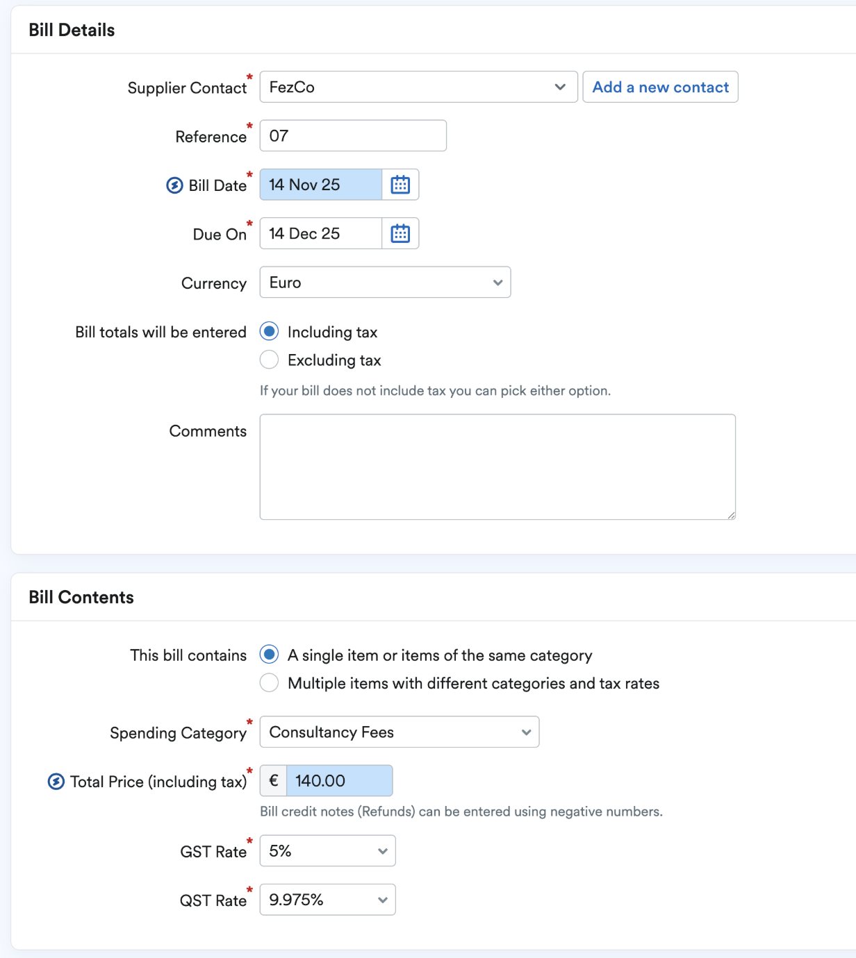 Bill details section with extracted data highlighted in blue