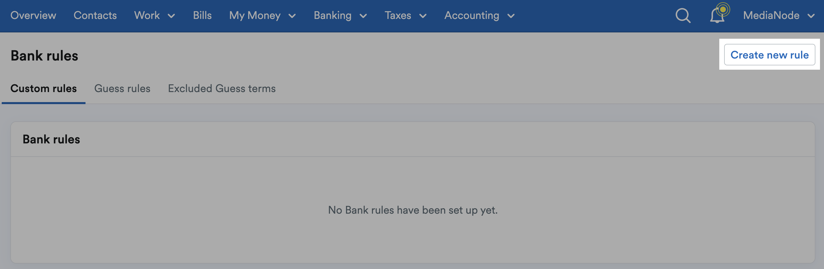 'Create new rule' button highlighted as top of 'Bank rules' page.