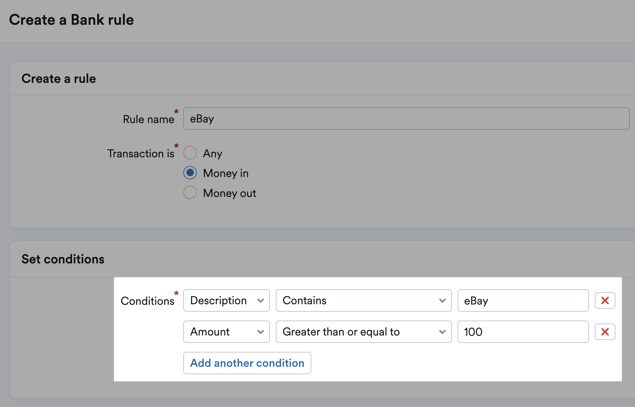 Conditions area with options to set conditions for Description, Amount, and add other conditions.