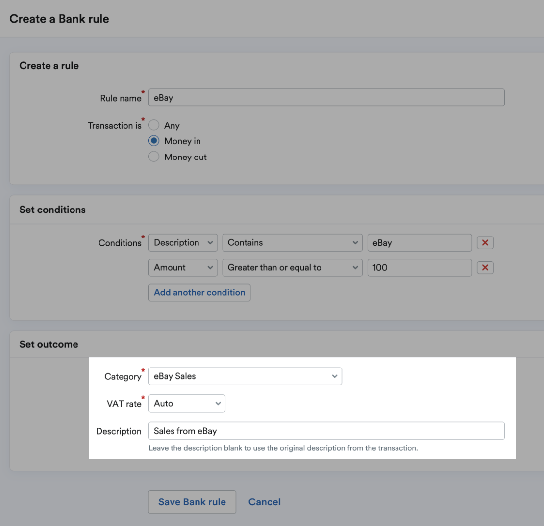'Set outcome' section with fields for 'Category', 'VAT rate' and 'Description'.