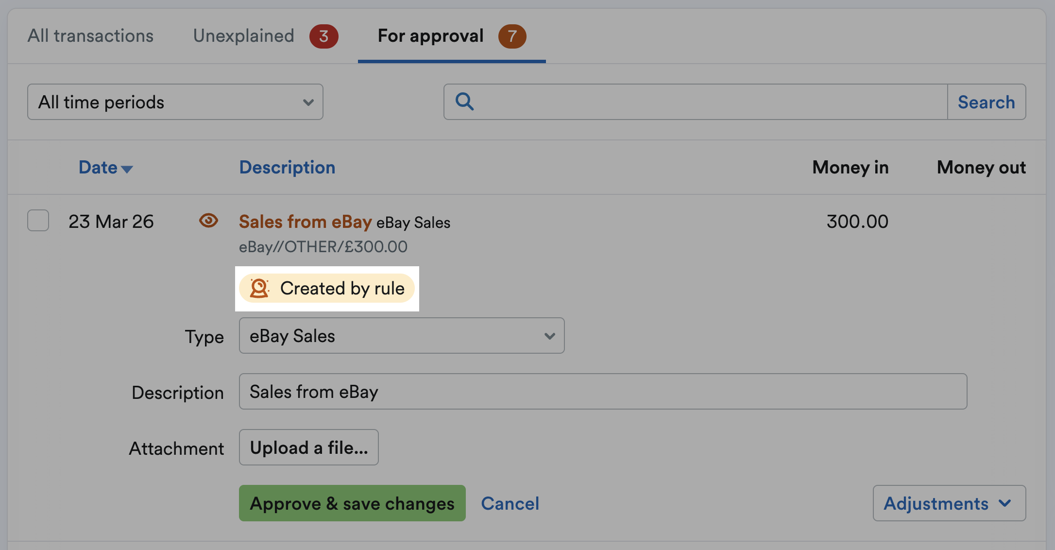 'Created by rule' badge highlighted on transaction in 'For approval' tab.