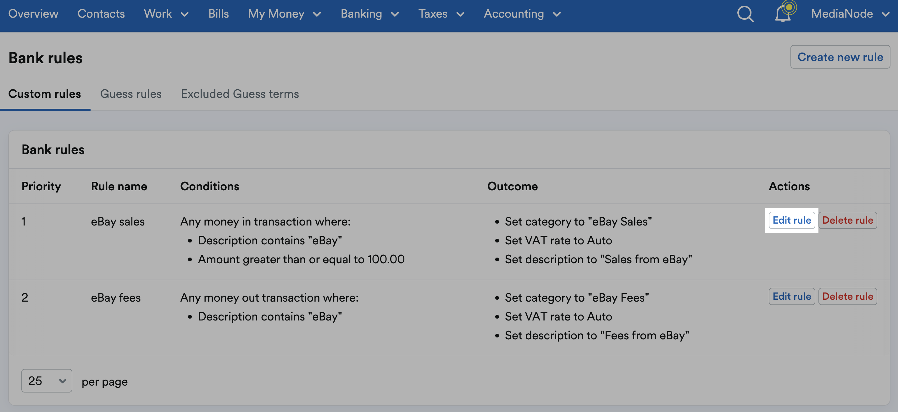 'Edit rule' button highlighted next to listed bank rule.