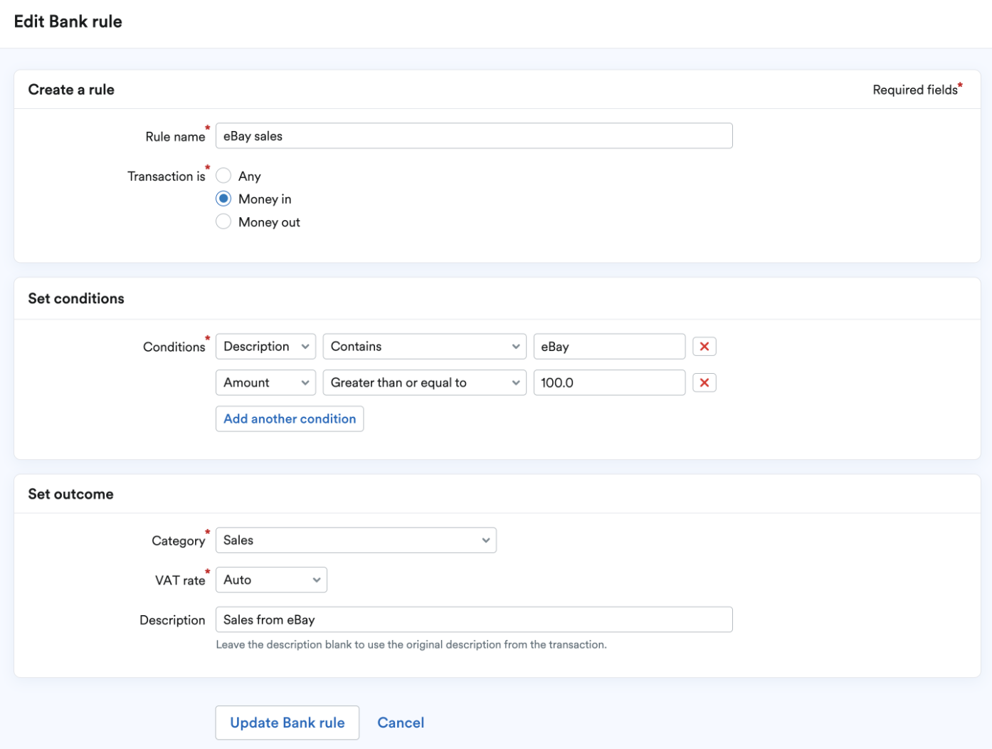 'Edit Bank rule' screen with 'Update Bank rule' button at the bottom.