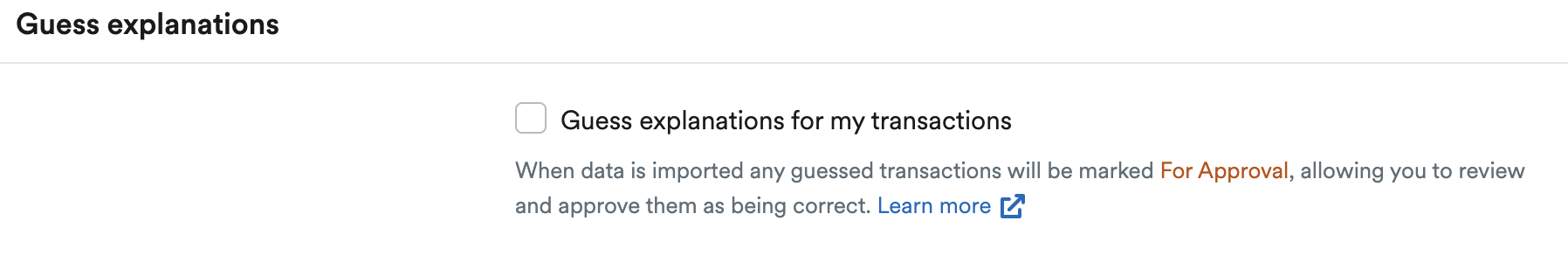 'Guess explanations for my transactions' checkbox unticked.