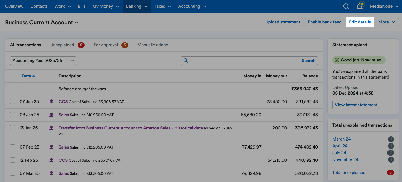 ‘Edit details’ button highlighted at top of Business Current Account page.