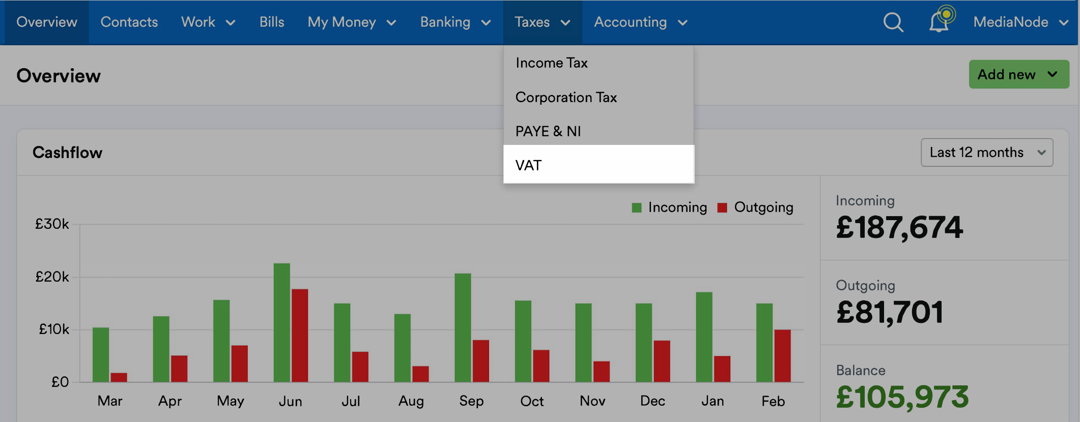 'VAT' selected on 'Taxes' drop-down menu.