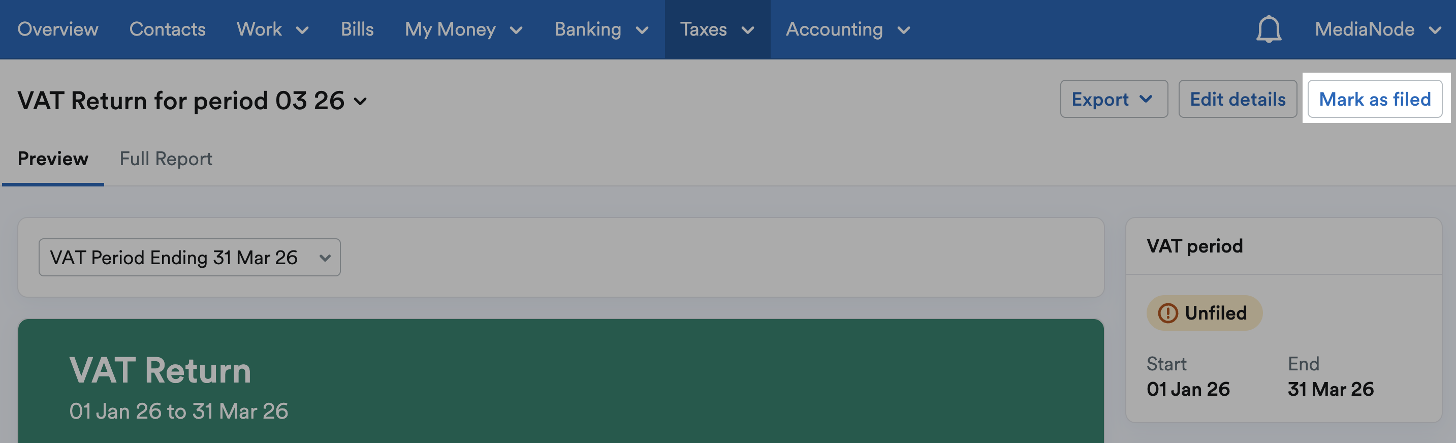 'Mark as filed' button highlighted above VAT return.