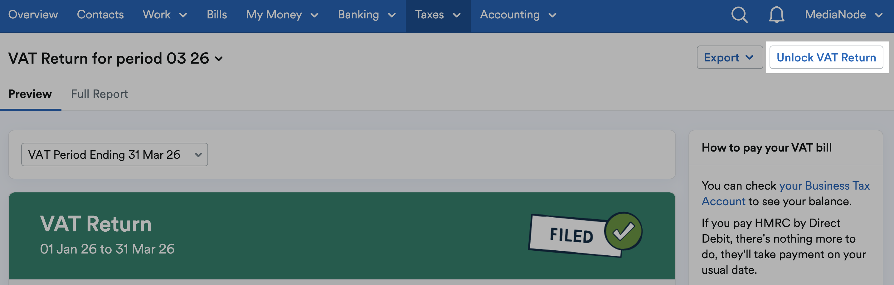 'Unlock VAT Return' button highlighted above VAT return.