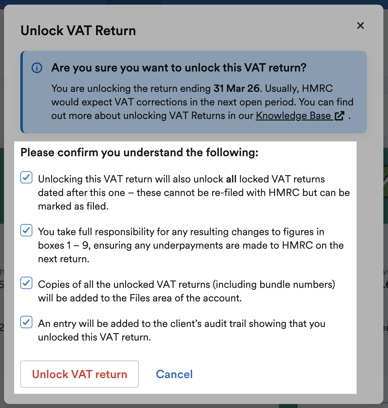 Three checkboxes ticked to indicate understanding of implications and 'Unlock VAT return' button highlighted.